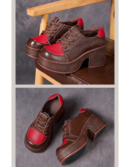 Retro Leather Two-tone Wide Toe Platform Chunky Shoes