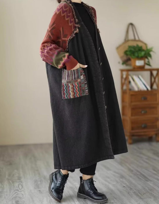 Retro Loose Casual Patchwork Denim Knitted Mid-length Coat