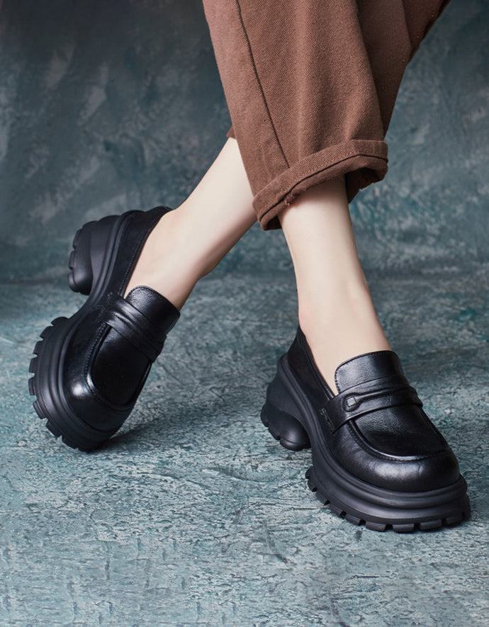 Retro Leather Wide Toe Box Platform Chunky Loafers — Obiono