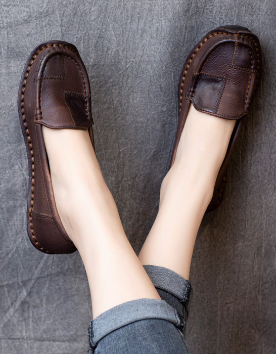 Round Head Handmade Retro Leather Loafers for Women 42