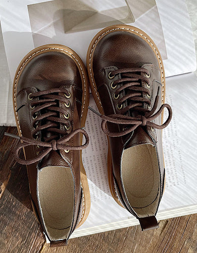 Round Toe Thick Lace Up Retro Leather Shoes