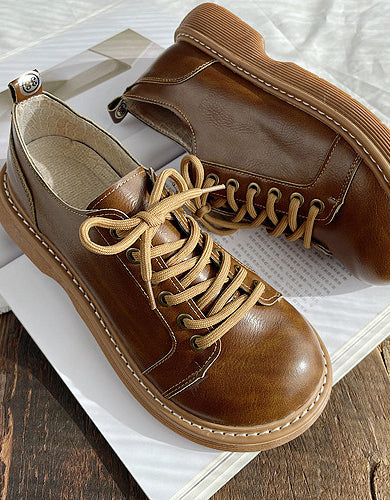 Round Toe Thick Lace Up Retro Leather Shoes