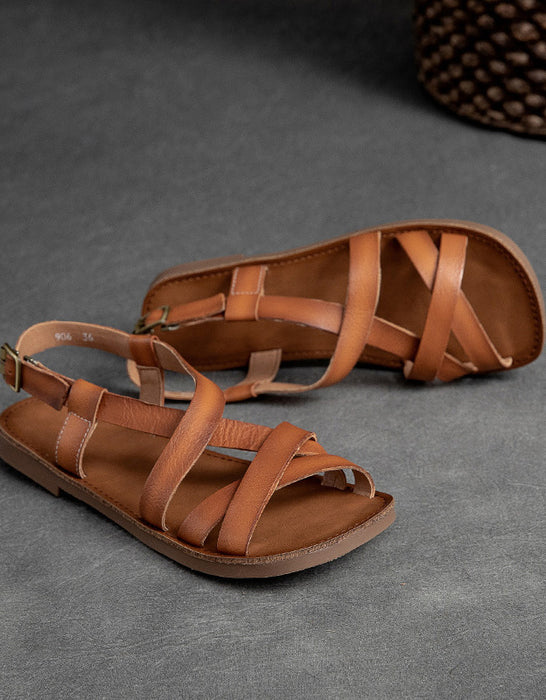 Comfortable Leather Retro Flat Sandals Slingback
