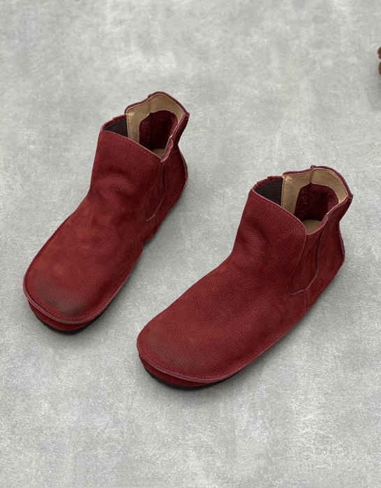 Side Elastic Soft Leather Comfort Handmade Retro Flat Boots Red Jan Shoe Trends 2026 82.00