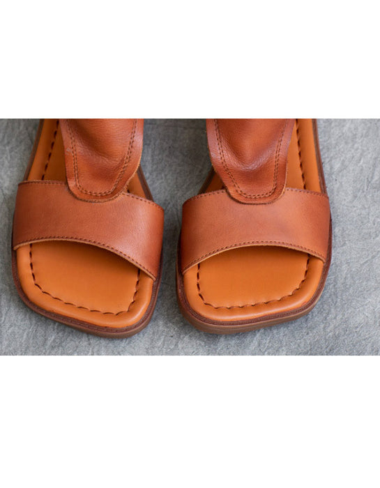 Handmade Soft Leather Open Toe Summer Flat Sandals Boots — Obiono
