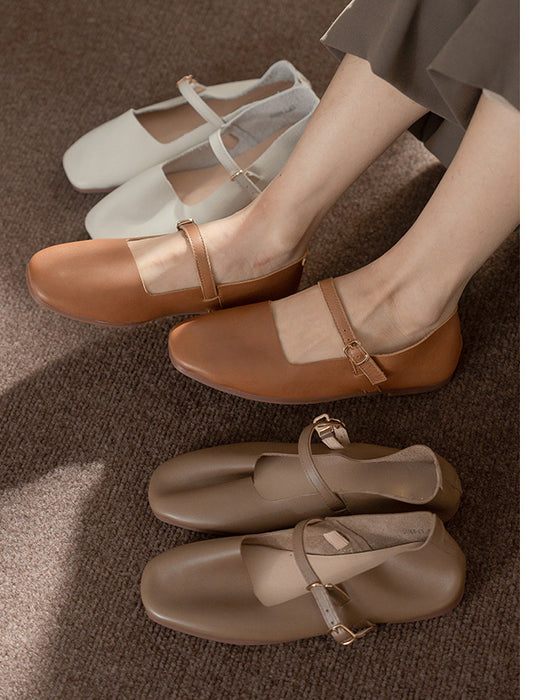 Soft Leather Square Toe Strap Flat Shoes