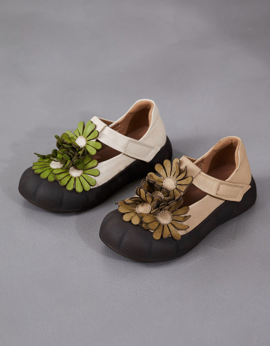 Soft Sole Leather Flowers Wide Toe Box Flat Shoes