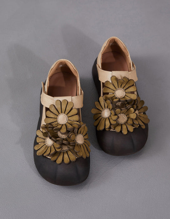 Soft Sole Leather Flowers Wide Toe Box Flat Shoes
