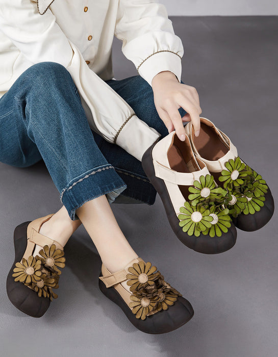 Soft Sole Leather Flowers Wide Toe Box Flat Shoes