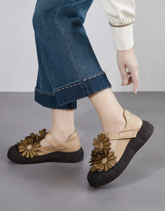 Soft Sole Leather Flowers Wide Toe Box Flat Shoes