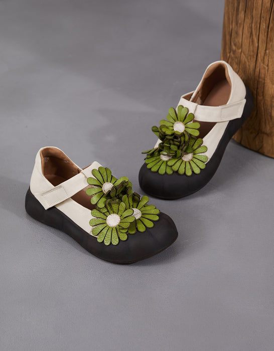 Soft Sole Leather Flowers Wide Toe Box Flat Shoes
