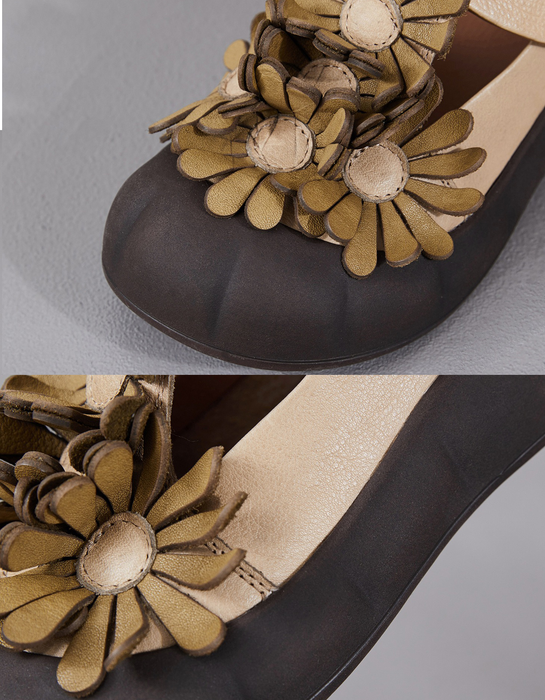 Soft Sole Leather Flowers Wide Toe Box Flat Shoes