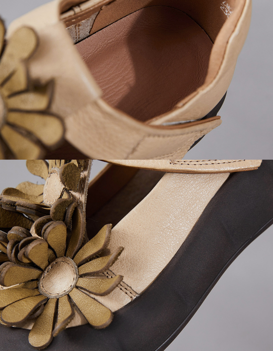 Soft Sole Leather Flowers Wide Toe Box Flat Shoes