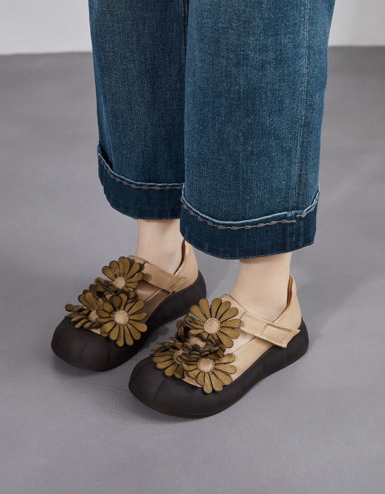 Soft Sole Leather Flowers Wide Toe Box Flat Shoes