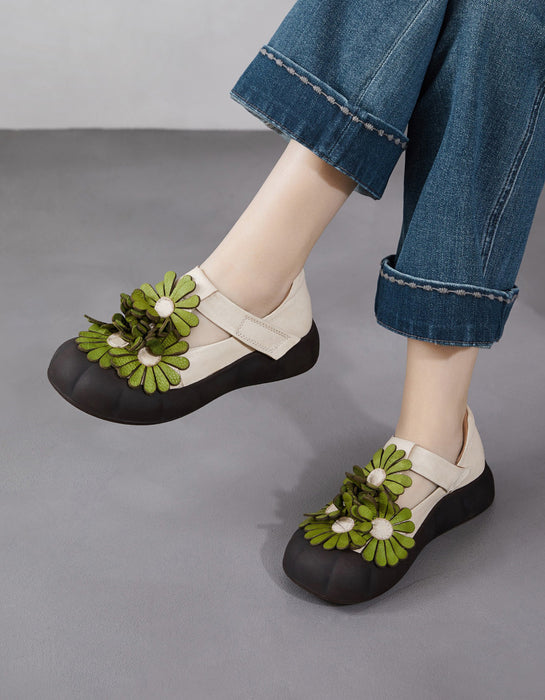 Soft Sole Leather Flowers Wide Toe Box Flat Shoes