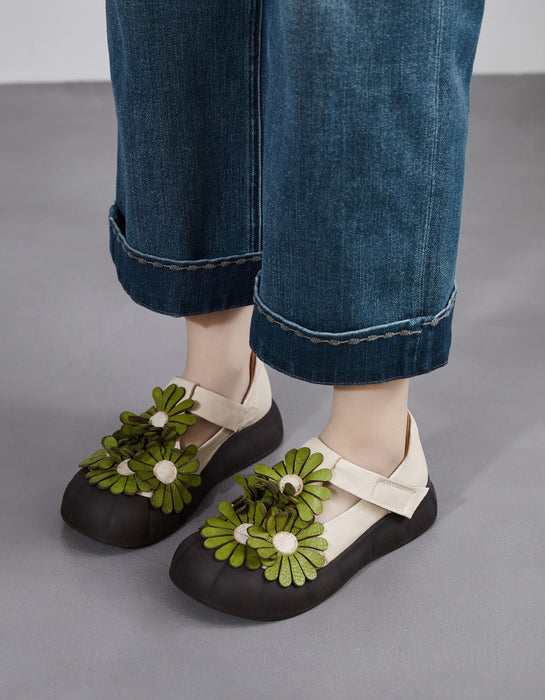 Soft Sole Leather Flowers Wide Toe Box Flat Shoes