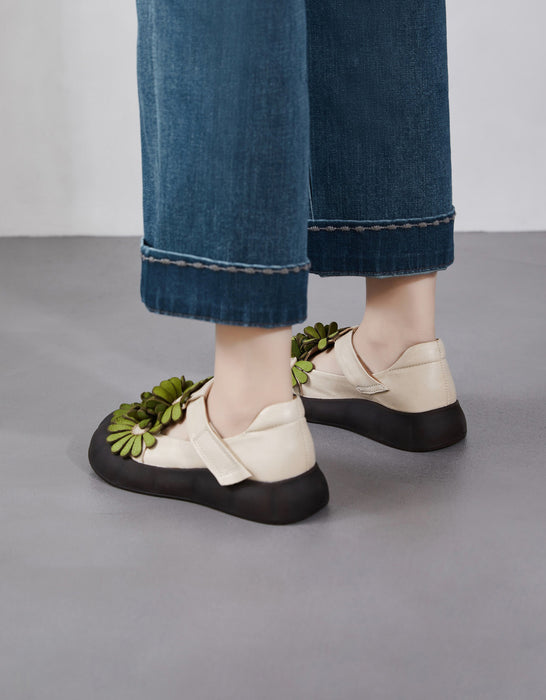 Soft Sole Leather Flowers Wide Toe Box Flat Shoes