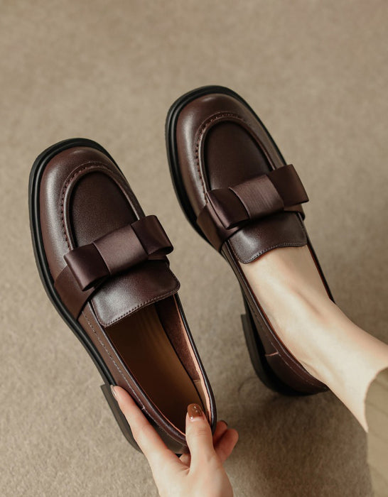 Silk Bowknot Vintage Leather Loafers for Women