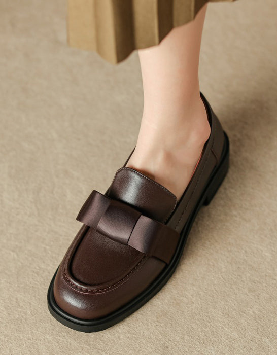 Silk Bowknot Vintage Leather Loafers for Women