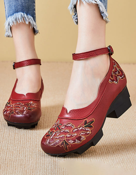 Ethnic Style Ankle Strap Embroidery Chunky Heels