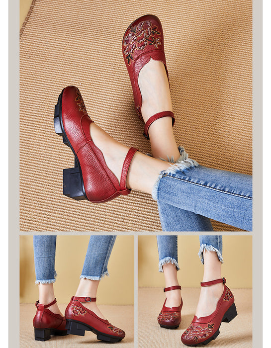 Ethnic Style Ankle Strap Embroidery Chunky Heels