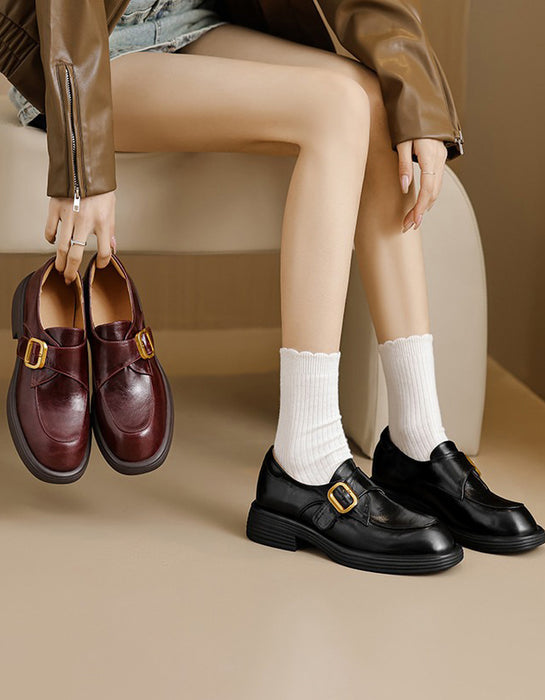 Spring Genuine Leather Handmade Front Buckle Loafers