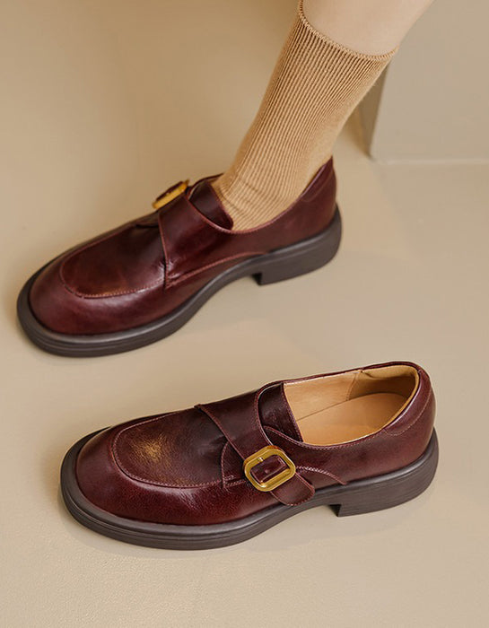 Spring Genuine Leather Handmade Front Buckle Loafers