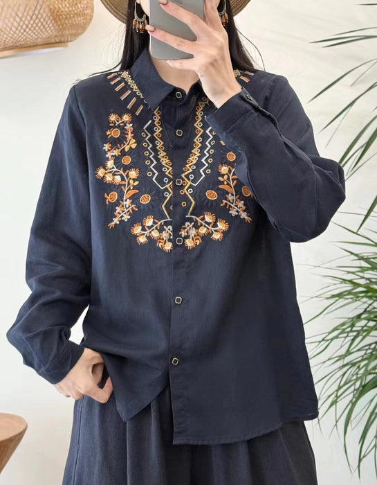 Spring Neck Embroidery Long Sleeve Linen Shirt Buykud Shirt March New in 2026 46.00