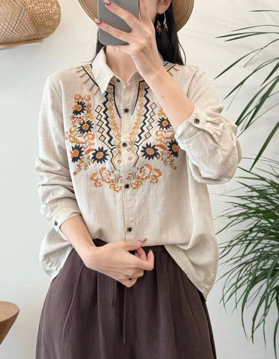 Spring Neck Embroidery Long Sleeve Linen Shirt Buykud Shirt March New in 2026 46.00