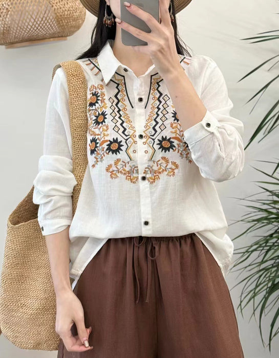 Spring Neck Embroidery Long Sleeve Linen Shirt Buykud Shirt March New in 2026 46.00