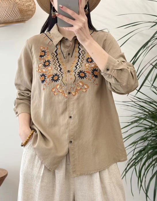 Spring Neck Embroidery Long Sleeve Linen Shirt Buykud March New in 2026 46.00