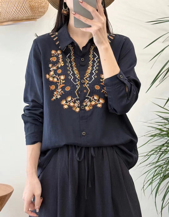 Spring Neck Embroidery Long Sleeve Linen Shirt Buykud Shirt March New in 2026 46.00