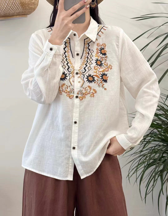 Spring Neck Embroidery Long Sleeve Linen Shirt Buykud March New in 2026 46.00