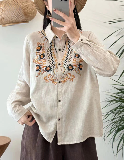Spring Neck Embroidery Long Sleeve Linen Shirt Buykud March New in 2026 46.00