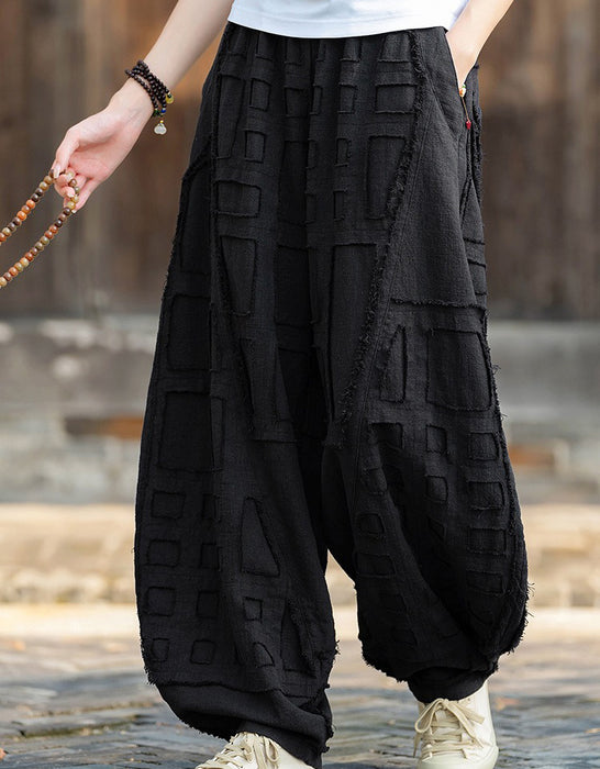 Spring Patchwork Style Raw Edge Wide Leg Linen Pants