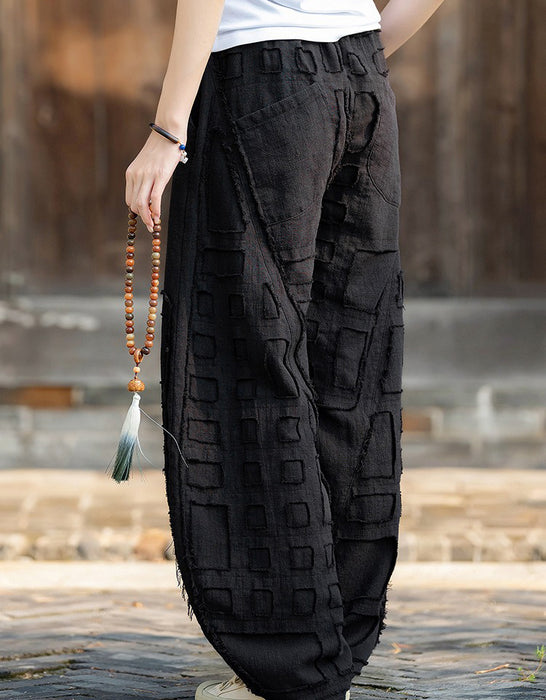Spring Patchwork Style Raw Edge Wide Leg Linen Pants