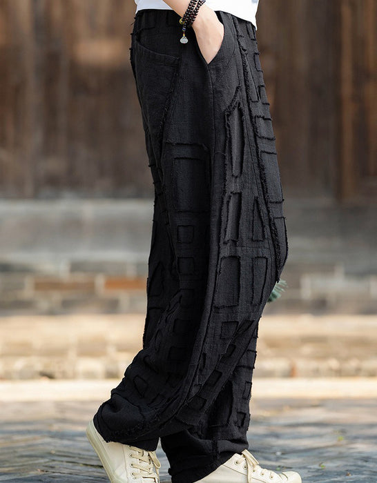 Spring Patchwork Style Raw Edge Wide Leg Linen Pants
