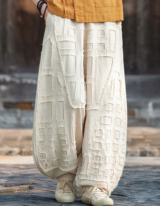 Spring Patchwork Style Raw Edge Wide Leg Linen Pants