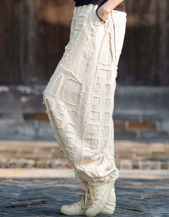 Spring Patchwork Style Raw Edge Wide Leg Linen Pants