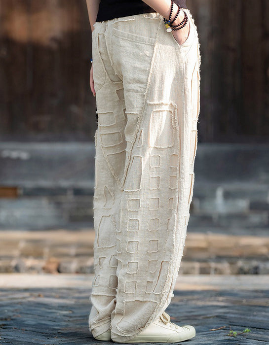 Spring Patchwork Style Raw Edge Wide Leg Linen Pants