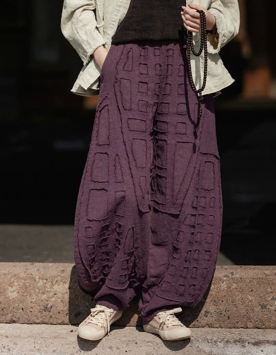 Spring Patchwork Style Raw Edge Wide Leg Linen Pants