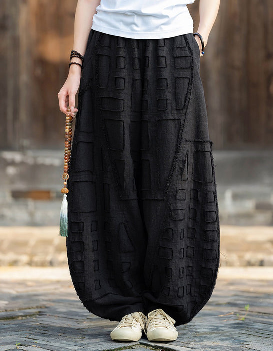 Spring Patchwork Style Raw Edge Wide Leg Linen Pants