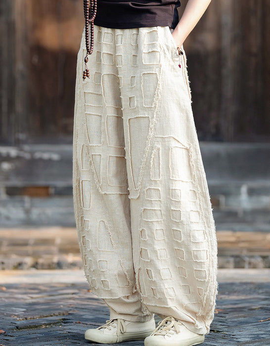 Spring Patchwork Style Raw Edge Wide Leg Linen Pants