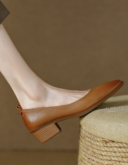 Spring Real Leather Pointed Toe Chunky Heel Pumps