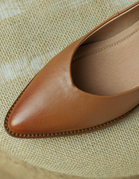 Spring Real Leather Pointed Toe Chunky Heel Pumps