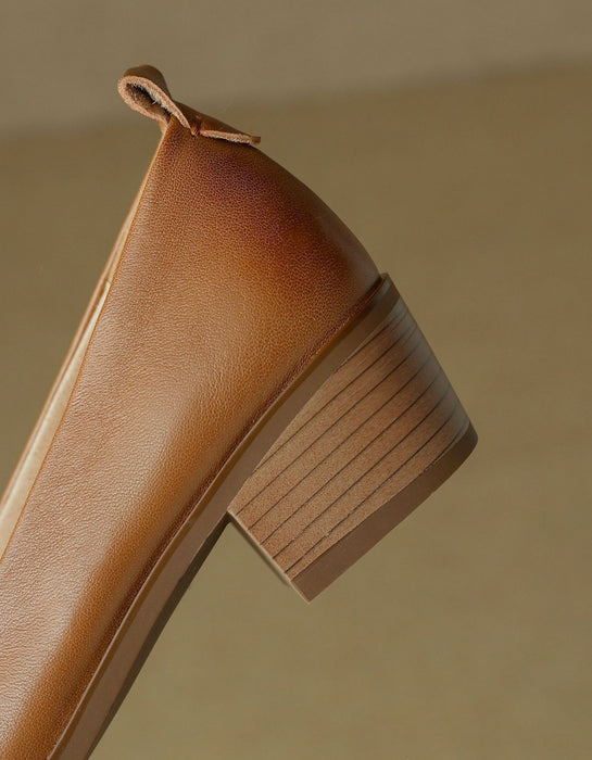 Spring Real Leather Pointed Toe Chunky Heel Pumps