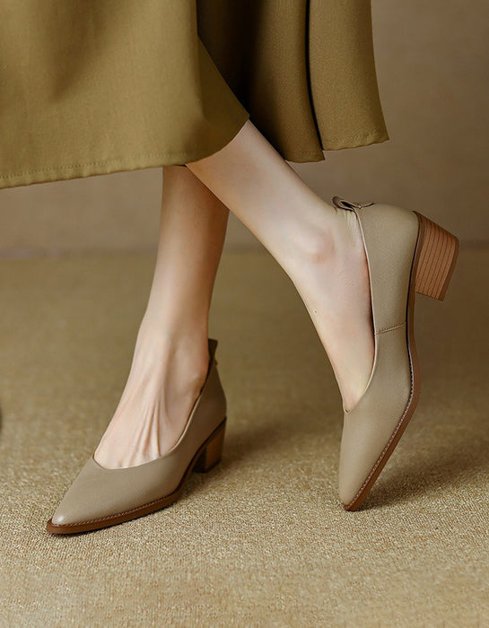 Spring Real Leather Pointed Toe Chunky Heel Pumps
