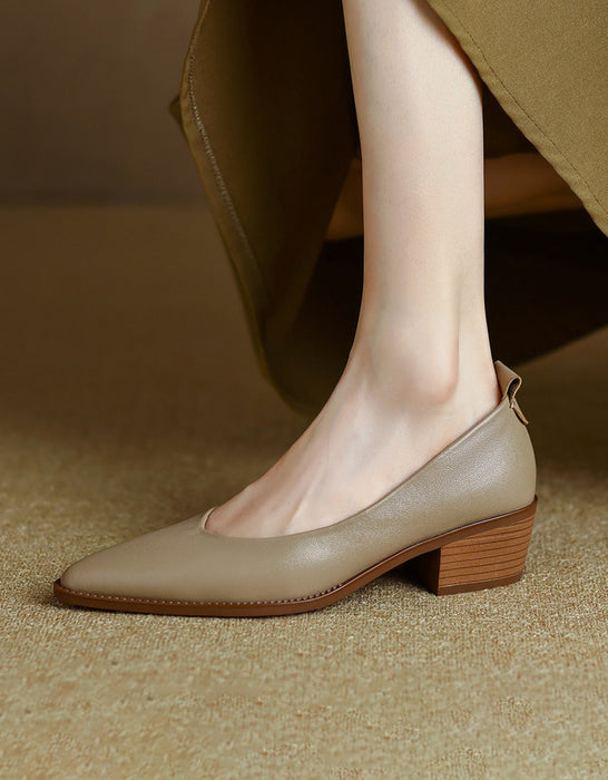 Spring Real Leather Pointed Toe Chunky Heel Pumps