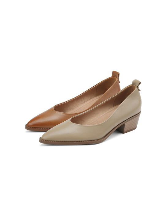 Spring Real Leather Pointed Toe Chunky Heel Pumps
