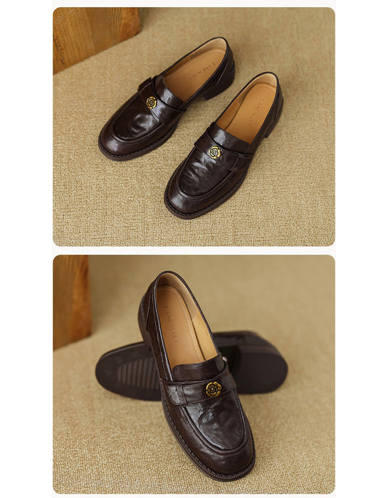 Spring Real Leather Vintage Camellia Pin Loafers